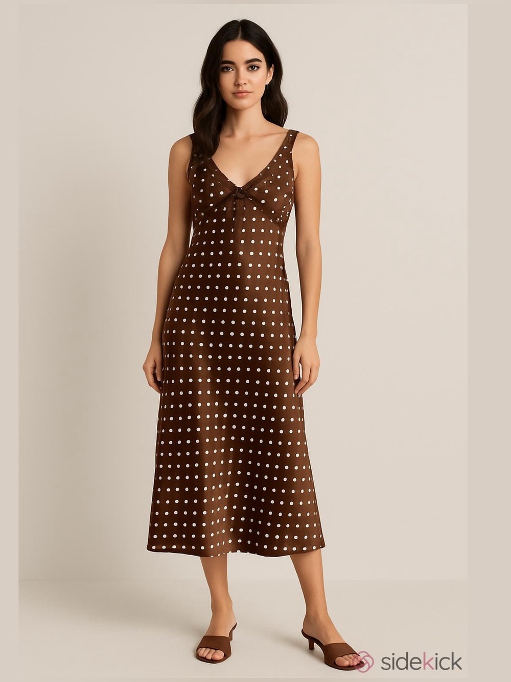 Thirty Thirty Viral Brown And White Polka Dot Satin Dress With Lace Trim Size L